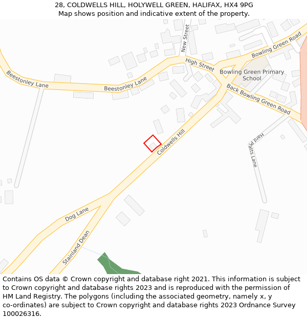 28, COLDWELLS HILL, HOLYWELL GREEN, HALIFAX, HX4 9PG: Location map and indicative extent of plot