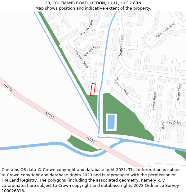 28, COLEMANS ROAD, HEDON, HULL, HU12 8RN: Location map and indicative extent of plot