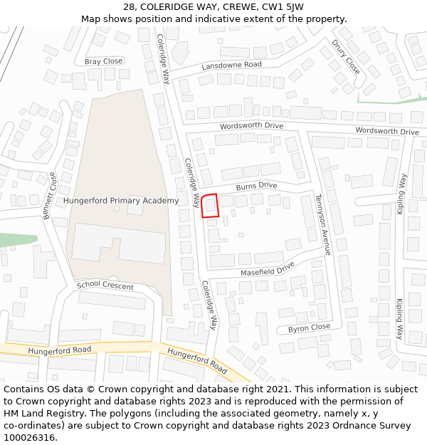 28, COLERIDGE WAY, CREWE, CW1 5JW: Location map and indicative extent of plot