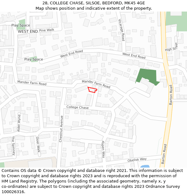 28, COLLEGE CHASE, SILSOE, BEDFORD, MK45 4GE: Location map and indicative extent of plot