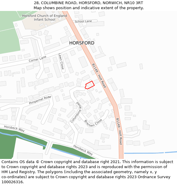 28, COLUMBINE ROAD, HORSFORD, NORWICH, NR10 3RT: Location map and indicative extent of plot