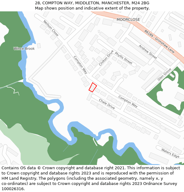 28, COMPTON WAY, MIDDLETON, MANCHESTER, M24 2BG: Location map and indicative extent of plot