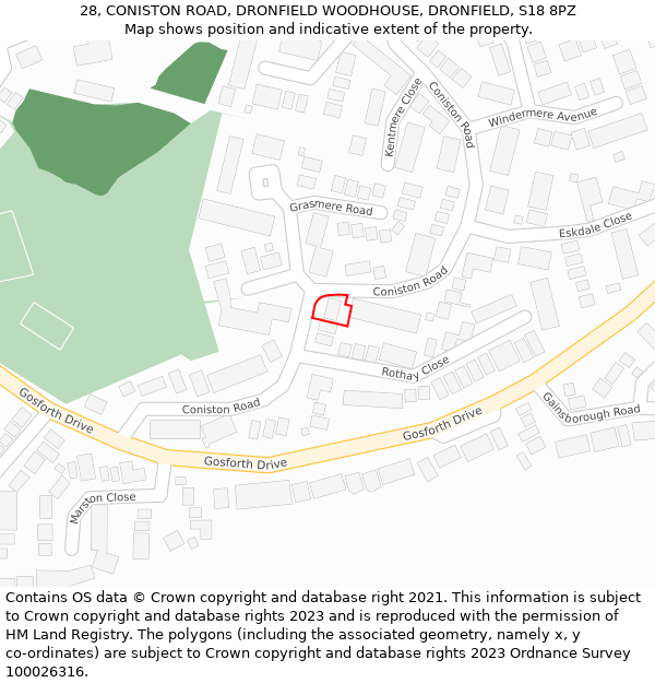 28, CONISTON ROAD, DRONFIELD WOODHOUSE, DRONFIELD, S18 8PZ: Location map and indicative extent of plot
