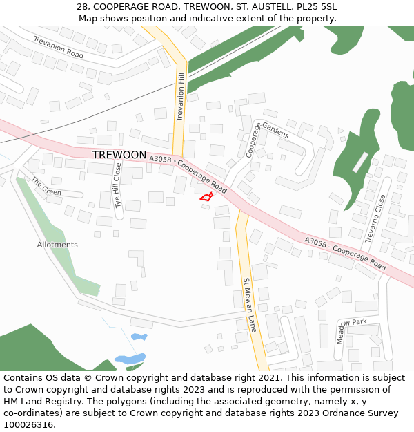 28, COOPERAGE ROAD, TREWOON, ST. AUSTELL, PL25 5SL: Location map and indicative extent of plot