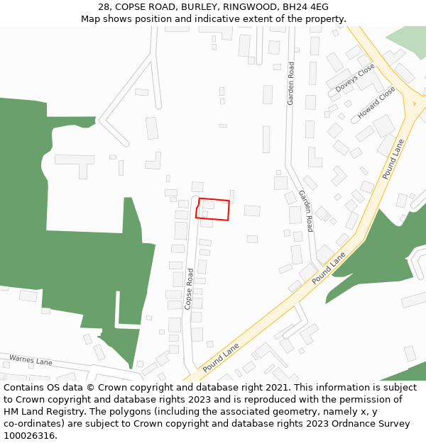 28, COPSE ROAD, BURLEY, RINGWOOD, BH24 4EG: Location map and indicative extent of plot