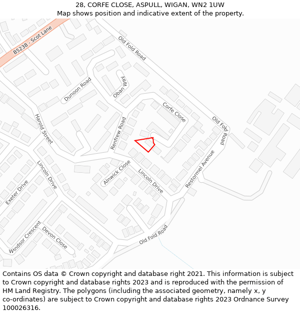 28, CORFE CLOSE, ASPULL, WIGAN, WN2 1UW: Location map and indicative extent of plot