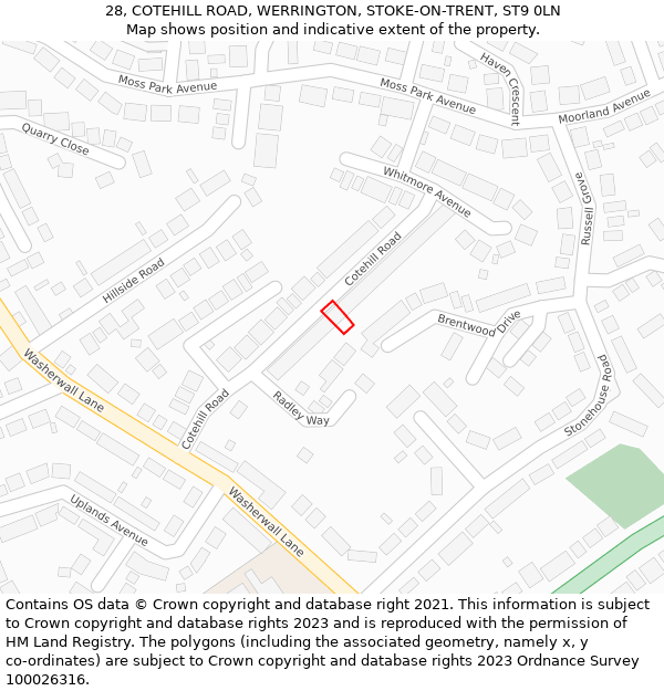 28, COTEHILL ROAD, WERRINGTON, STOKE-ON-TRENT, ST9 0LN: Location map and indicative extent of plot