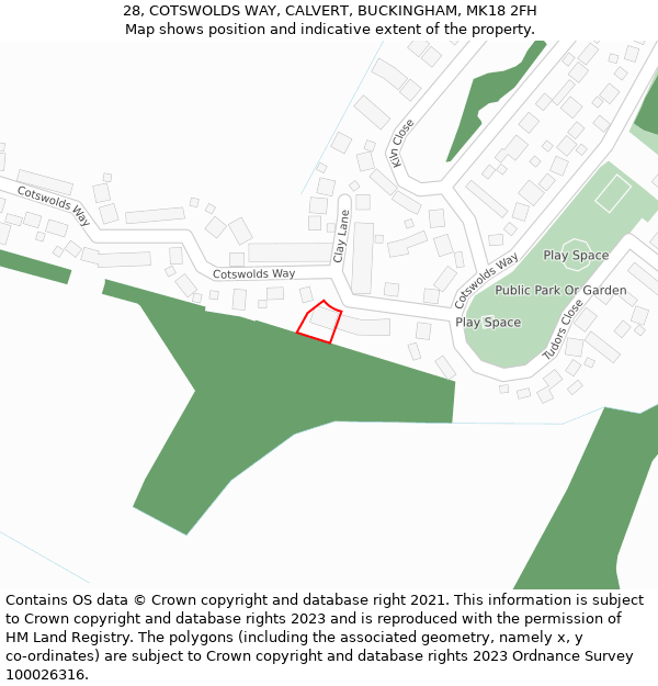 28, COTSWOLDS WAY, CALVERT, BUCKINGHAM, MK18 2FH: Location map and indicative extent of plot