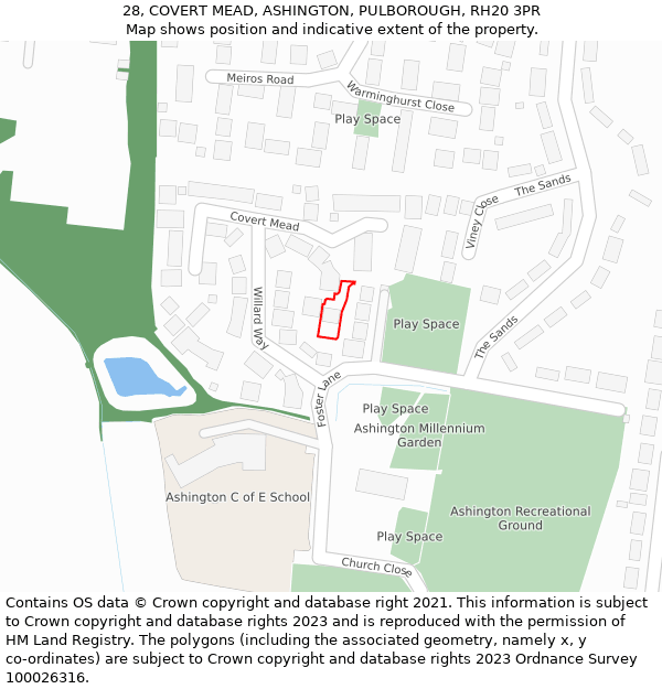 28, COVERT MEAD, ASHINGTON, PULBOROUGH, RH20 3PR: Location map and indicative extent of plot