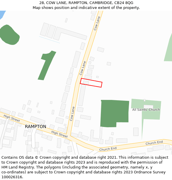 28, COW LANE, RAMPTON, CAMBRIDGE, CB24 8QG: Location map and indicative extent of plot