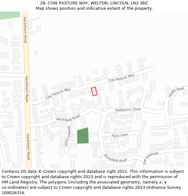 28, COW PASTURE WAY, WELTON, LINCOLN, LN2 3BZ: Location map and indicative extent of plot