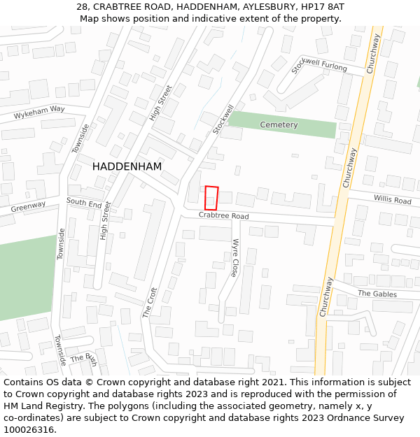 28, CRABTREE ROAD, HADDENHAM, AYLESBURY, HP17 8AT: Location map and indicative extent of plot