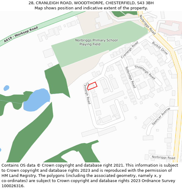 28, CRANLEIGH ROAD, WOODTHORPE, CHESTERFIELD, S43 3BH: Location map and indicative extent of plot