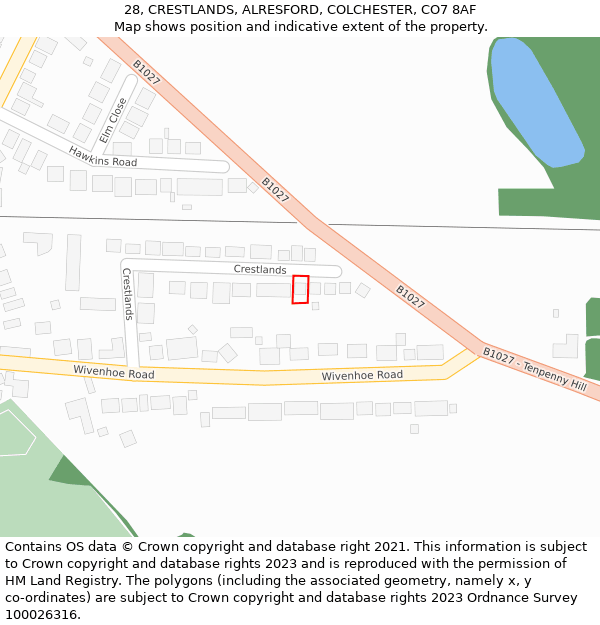 28, CRESTLANDS, ALRESFORD, COLCHESTER, CO7 8AF: Location map and indicative extent of plot