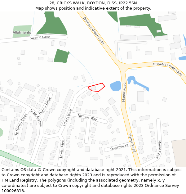 28, CRICKS WALK, ROYDON, DISS, IP22 5SN: Location map and indicative extent of plot