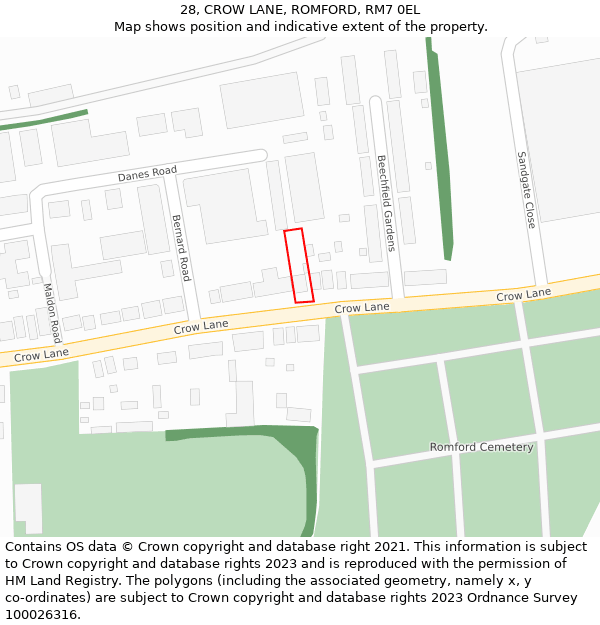 28, CROW LANE, ROMFORD, RM7 0EL: Location map and indicative extent of plot