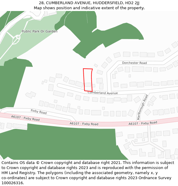 28, CUMBERLAND AVENUE, HUDDERSFIELD, HD2 2JJ: Location map and indicative extent of plot