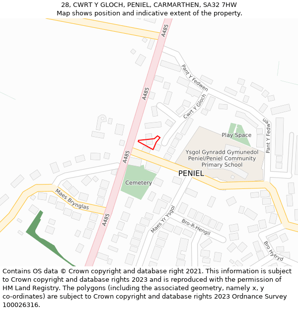 28, CWRT Y GLOCH, PENIEL, CARMARTHEN, SA32 7HW: Location map and indicative extent of plot
