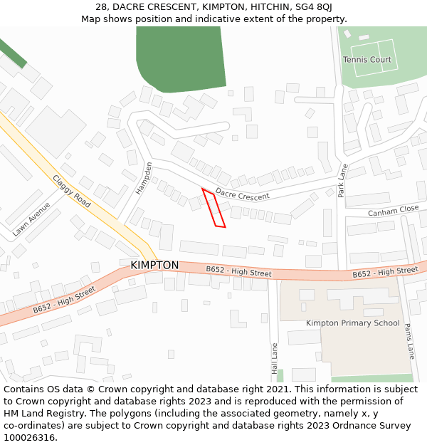 28, DACRE CRESCENT, KIMPTON, HITCHIN, SG4 8QJ: Location map and indicative extent of plot