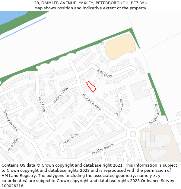 28, DAIMLER AVENUE, YAXLEY, PETERBOROUGH, PE7 3AU: Location map and indicative extent of plot