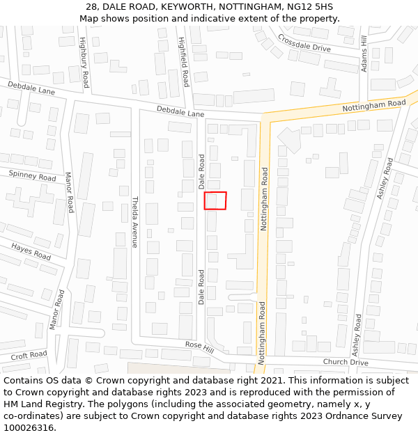 28, DALE ROAD, KEYWORTH, NOTTINGHAM, NG12 5HS: Location map and indicative extent of plot