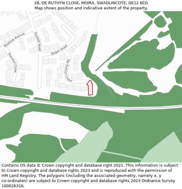 28, DE RUTHYN CLOSE, MOIRA, SWADLINCOTE, DE12 6ED: Location map and indicative extent of plot