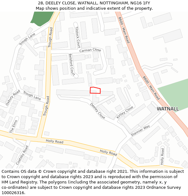 28, DEELEY CLOSE, WATNALL, NOTTINGHAM, NG16 1FY: Location map and indicative extent of plot