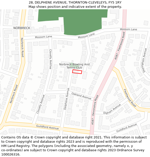 28, DELPHENE AVENUE, THORNTON-CLEVELEYS, FY5 1RY: Location map and indicative extent of plot