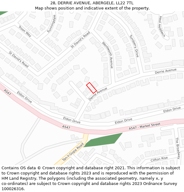 28, DERRIE AVENUE, ABERGELE, LL22 7TL: Location map and indicative extent of plot