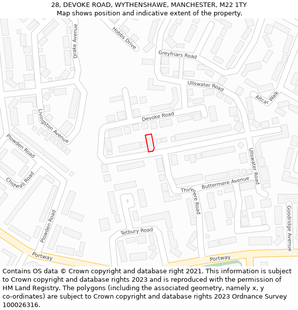 28, DEVOKE ROAD, WYTHENSHAWE, MANCHESTER, M22 1TY: Location map and indicative extent of plot