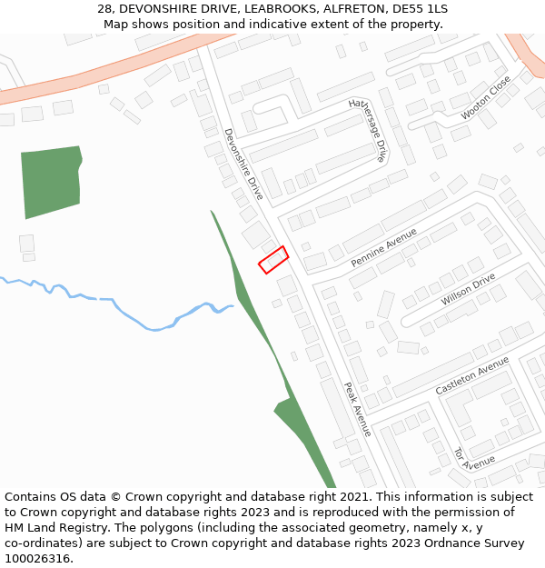 28, DEVONSHIRE DRIVE, LEABROOKS, ALFRETON, DE55 1LS: Location map and indicative extent of plot