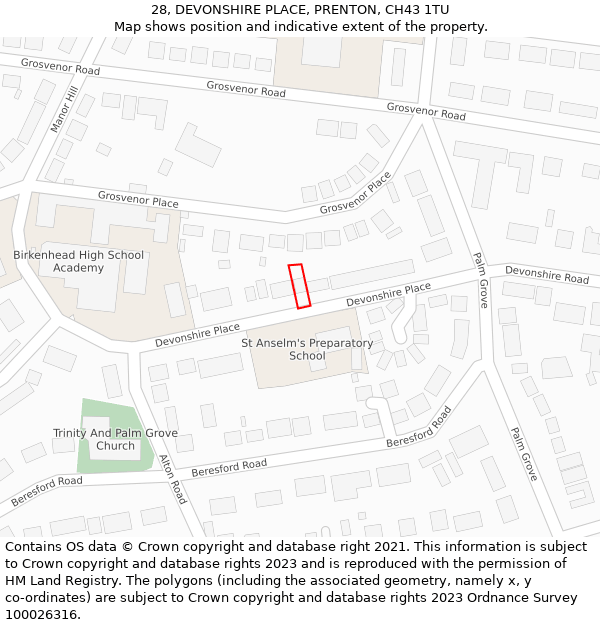 28, DEVONSHIRE PLACE, PRENTON, CH43 1TU: Location map and indicative extent of plot