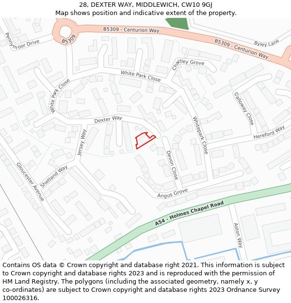 28, DEXTER WAY, MIDDLEWICH, CW10 9GJ: Location map and indicative extent of plot