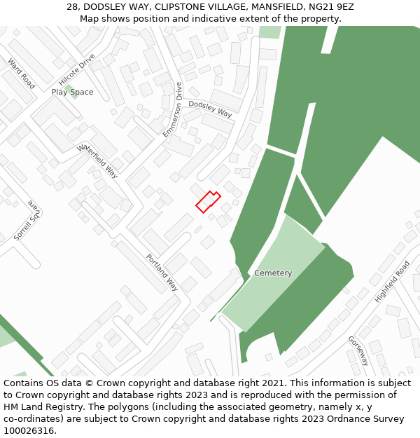 28, DODSLEY WAY, CLIPSTONE VILLAGE, MANSFIELD, NG21 9EZ: Location map and indicative extent of plot