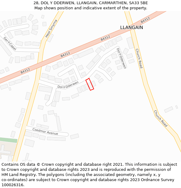 28, DOL Y DDERWEN, LLANGAIN, CARMARTHEN, SA33 5BE: Location map and indicative extent of plot