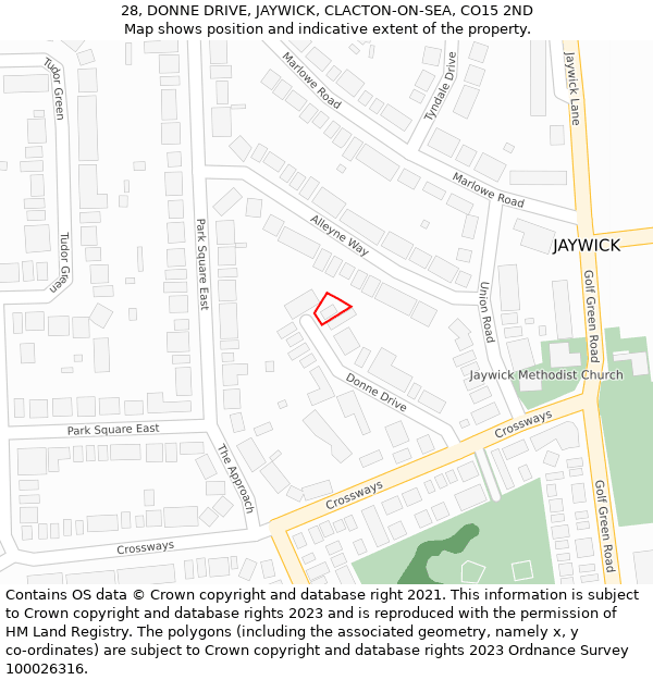 28, DONNE DRIVE, JAYWICK, CLACTON-ON-SEA, CO15 2ND: Location map and indicative extent of plot