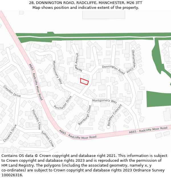28, DONNINGTON ROAD, RADCLIFFE, MANCHESTER, M26 3TT: Location map and indicative extent of plot
