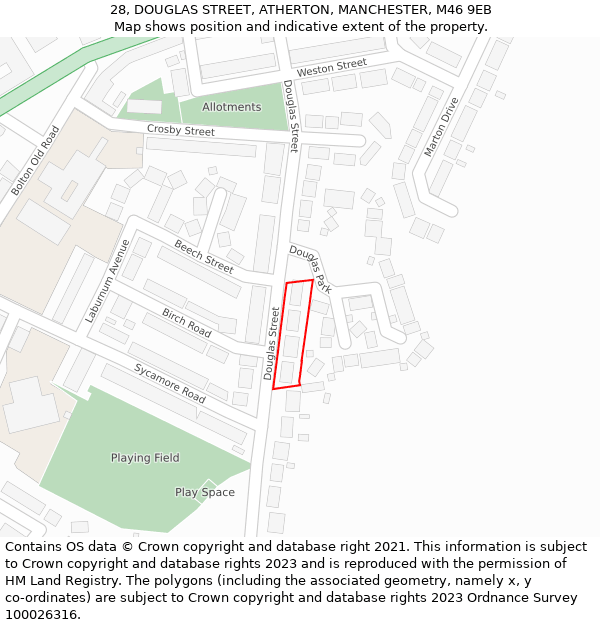 28, DOUGLAS STREET, ATHERTON, MANCHESTER, M46 9EB: Location map and indicative extent of plot
