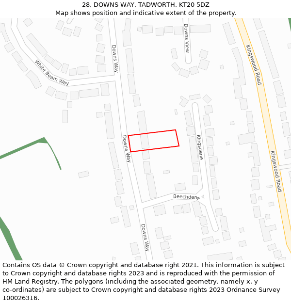 28, DOWNS WAY, TADWORTH, KT20 5DZ: Location map and indicative extent of plot