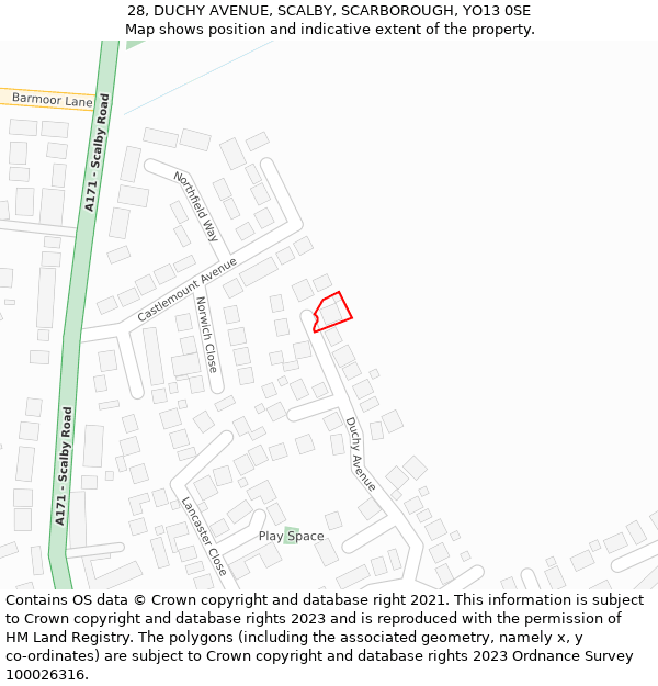 28, DUCHY AVENUE, SCALBY, SCARBOROUGH, YO13 0SE: Location map and indicative extent of plot