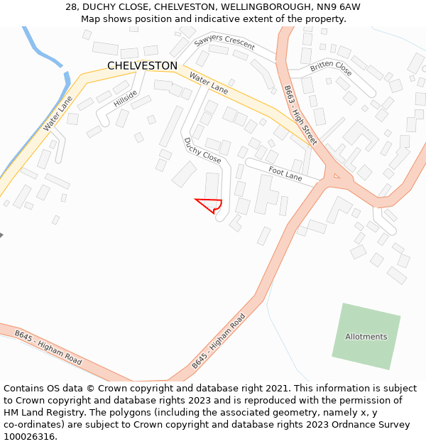 28, DUCHY CLOSE, CHELVESTON, WELLINGBOROUGH, NN9 6AW: Location map and indicative extent of plot