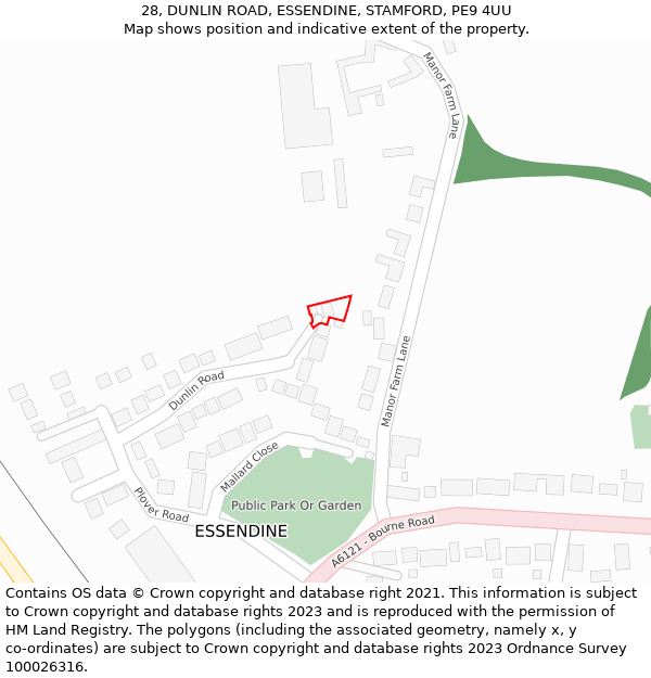 28, DUNLIN ROAD, ESSENDINE, STAMFORD, PE9 4UU: Location map and indicative extent of plot