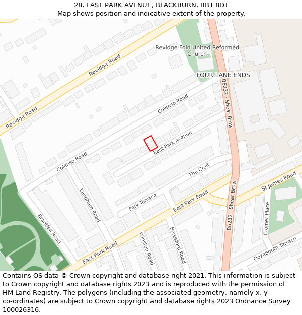 28, EAST PARK AVENUE, BLACKBURN, BB1 8DT: Location map and indicative extent of plot