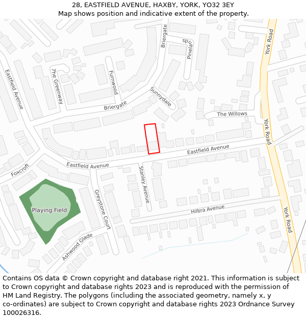28, EASTFIELD AVENUE, HAXBY, YORK, YO32 3EY: Location map and indicative extent of plot