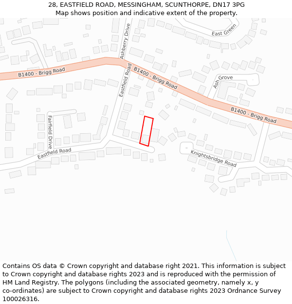 28, EASTFIELD ROAD, MESSINGHAM, SCUNTHORPE, DN17 3PG: Location map and indicative extent of plot