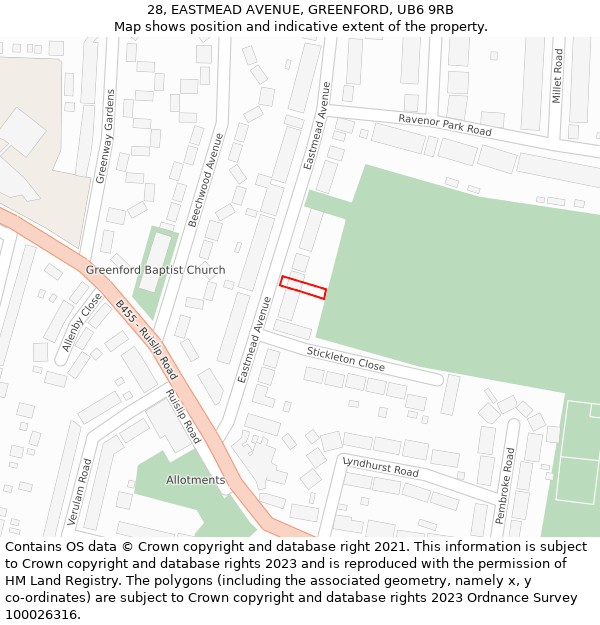 28, EASTMEAD AVENUE, GREENFORD, UB6 9RB: Location map and indicative extent of plot