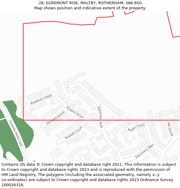 28, EGREMONT RISE, MALTBY, ROTHERHAM, S66 8SG: Location map and indicative extent of plot