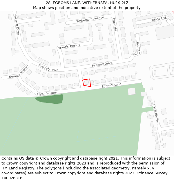 28, EGROMS LANE, WITHERNSEA, HU19 2LZ: Location map and indicative extent of plot