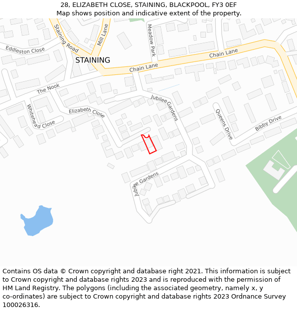 28, ELIZABETH CLOSE, STAINING, BLACKPOOL, FY3 0EF: Location map and indicative extent of plot