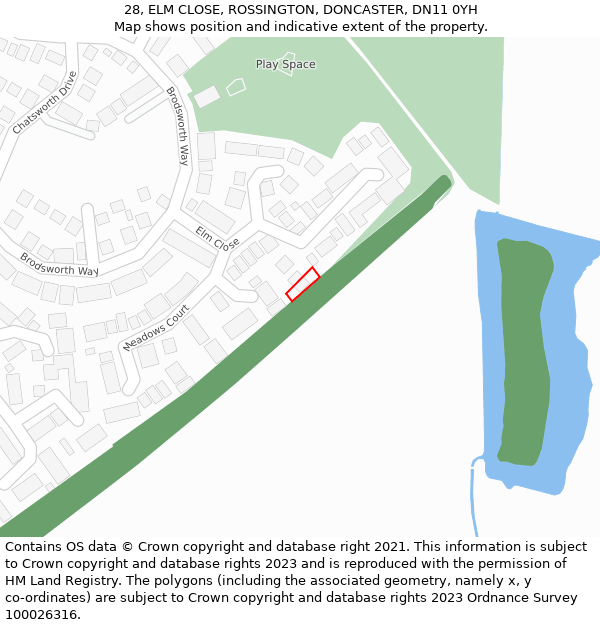 28, ELM CLOSE, ROSSINGTON, DONCASTER, DN11 0YH: Location map and indicative extent of plot